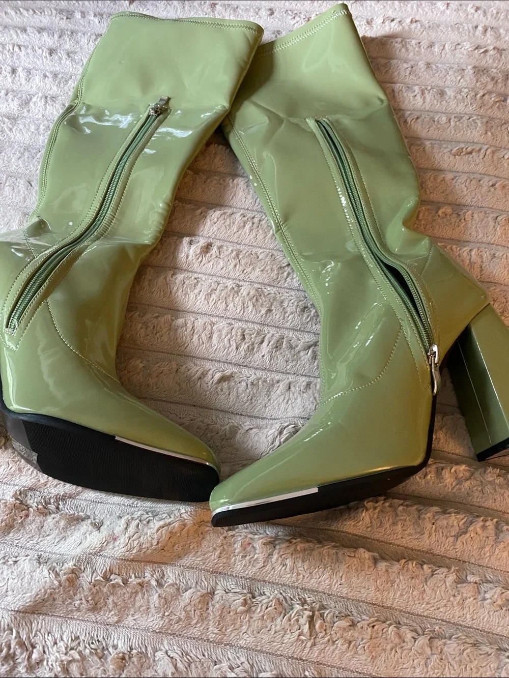 NWOT, Women's Faux Patent Material Mid-Calf Heeled Boots in Light Green